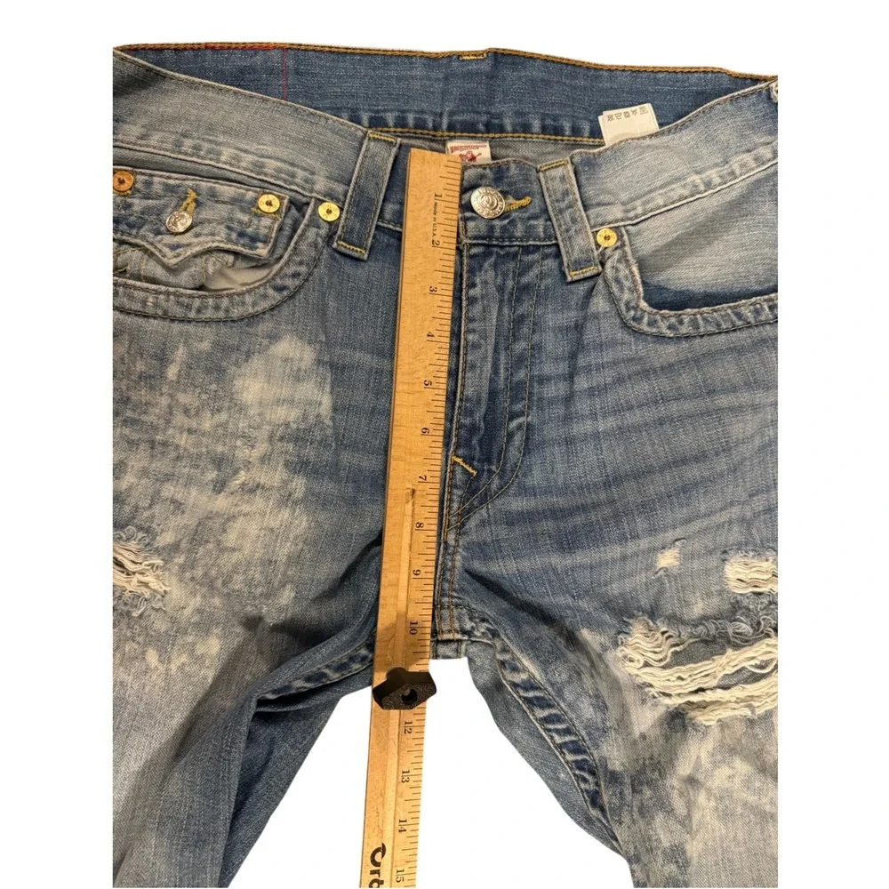 True Religion Skinny Flap Jeans Mens 33 Blue Distressed Bleached Splatter